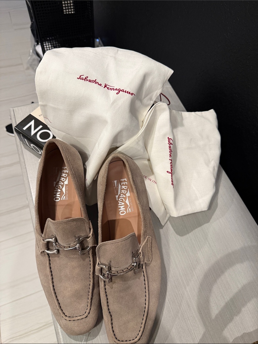 Salvatore Ferragamo Taupe Suede Bit-Trim Loafers